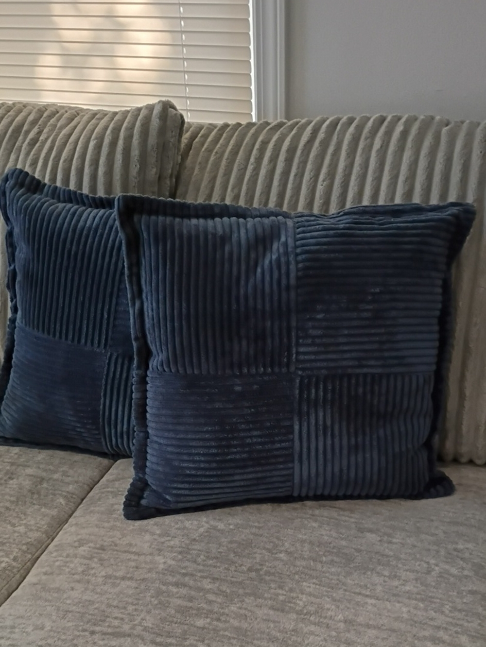 Plush Navy Corduroy Patchwork Throw Pillow Cover Set of 2